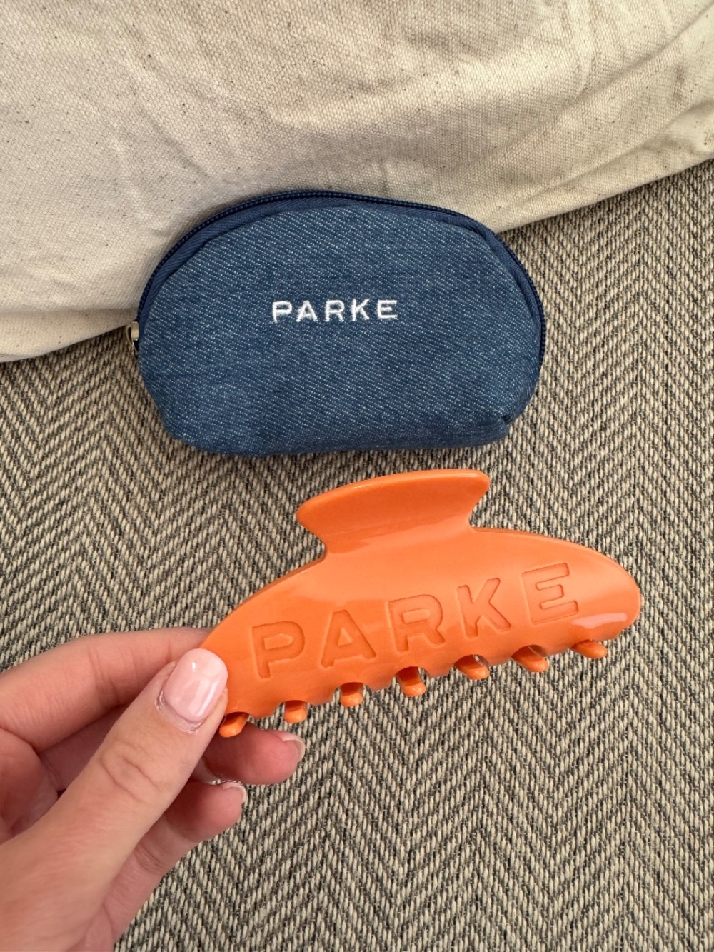 PARKE CLAW CLIP 🧡 CREAMSICLE 🧡 LIMITED EDITION NEW Orange Denim Navy Blue Pouch